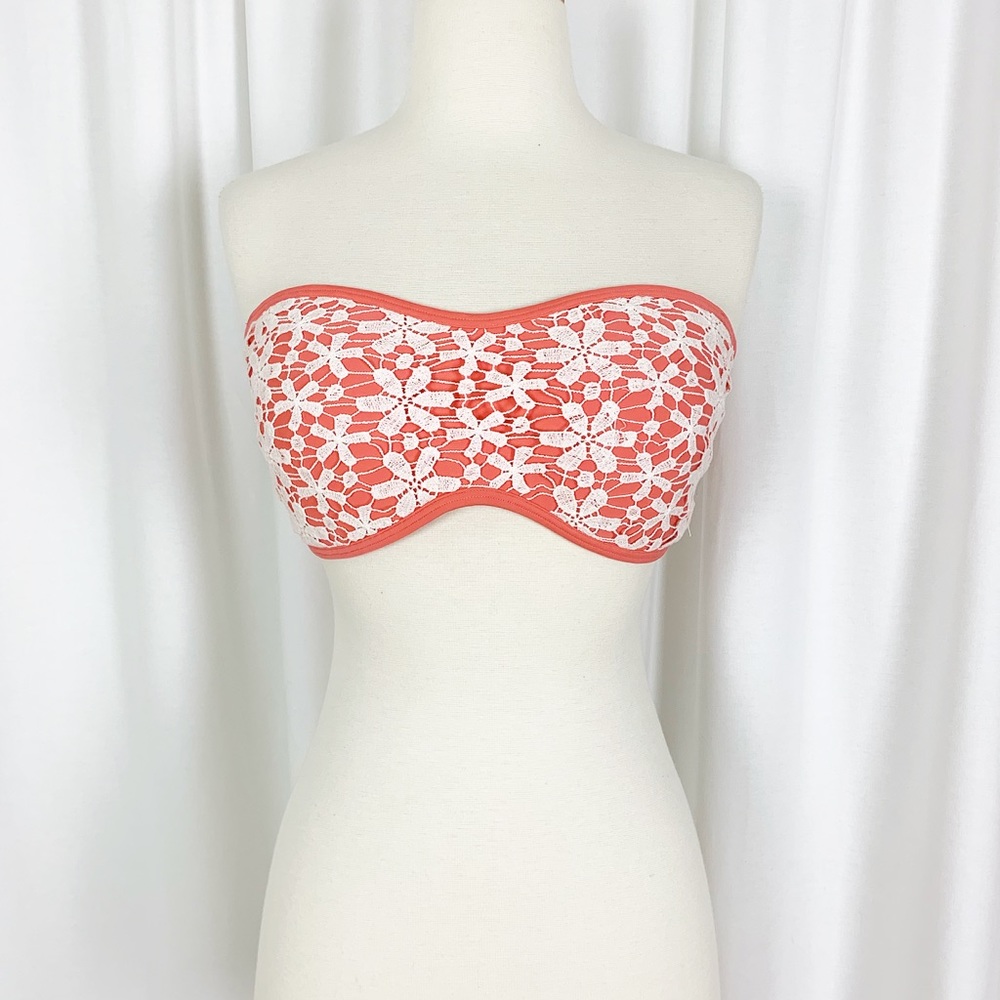 SOLD—Aerie Coral Floral Crochet Bandeau Bikini Top